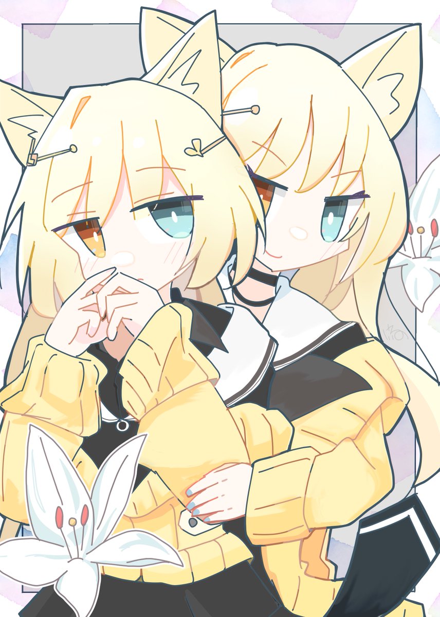 multiple girls animal ears 2girls blonde hair heterochromia yellow cardigan long hair  illustration images