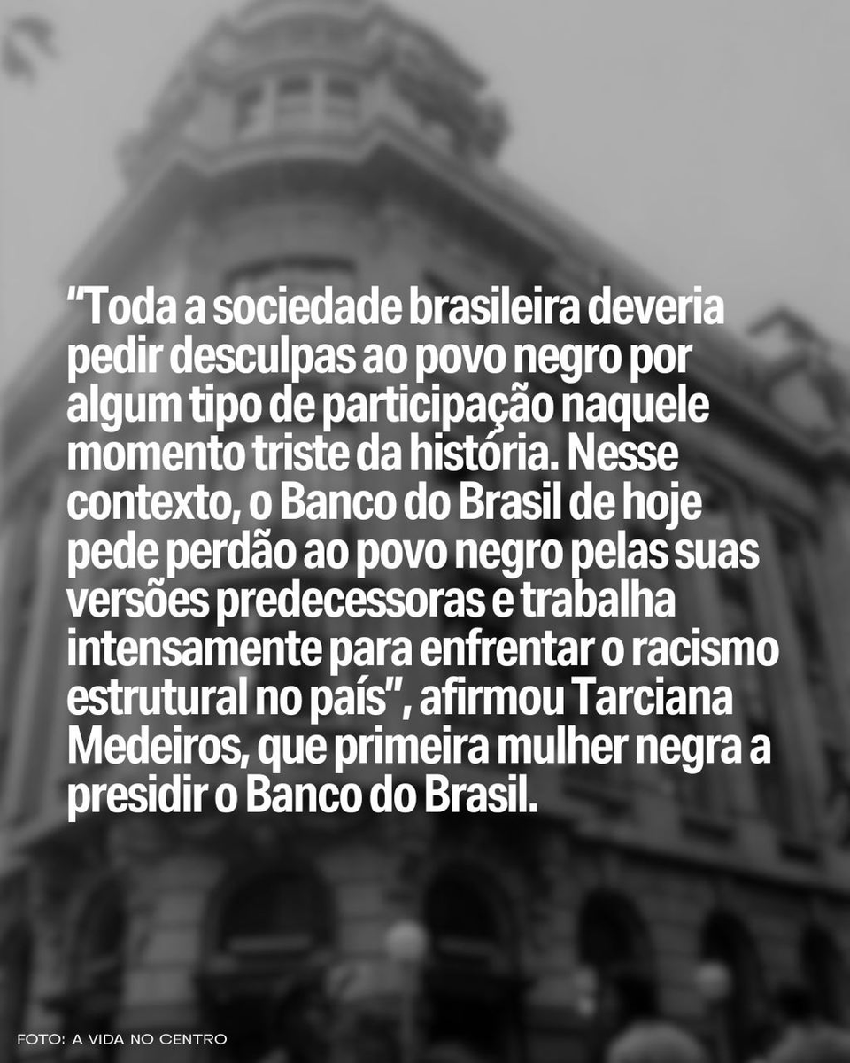 MidiaNINJA's tweet photo. Em uma reviravolta histórica, a presidente do Banco do Brasil, Tarciana Medeiros, emitiu um pedido formal de desculpas ao povo negro brasileiro pelo papel desempenhado pela instituição durante o período da escravidão. A declaração foi divulgada em resposta a uma investigação conduzida pelo Ministério Público Federal (MPF), que examina o envolvimento do banco com o tráfico e traficantes de pessoas escravizadas no século 19.