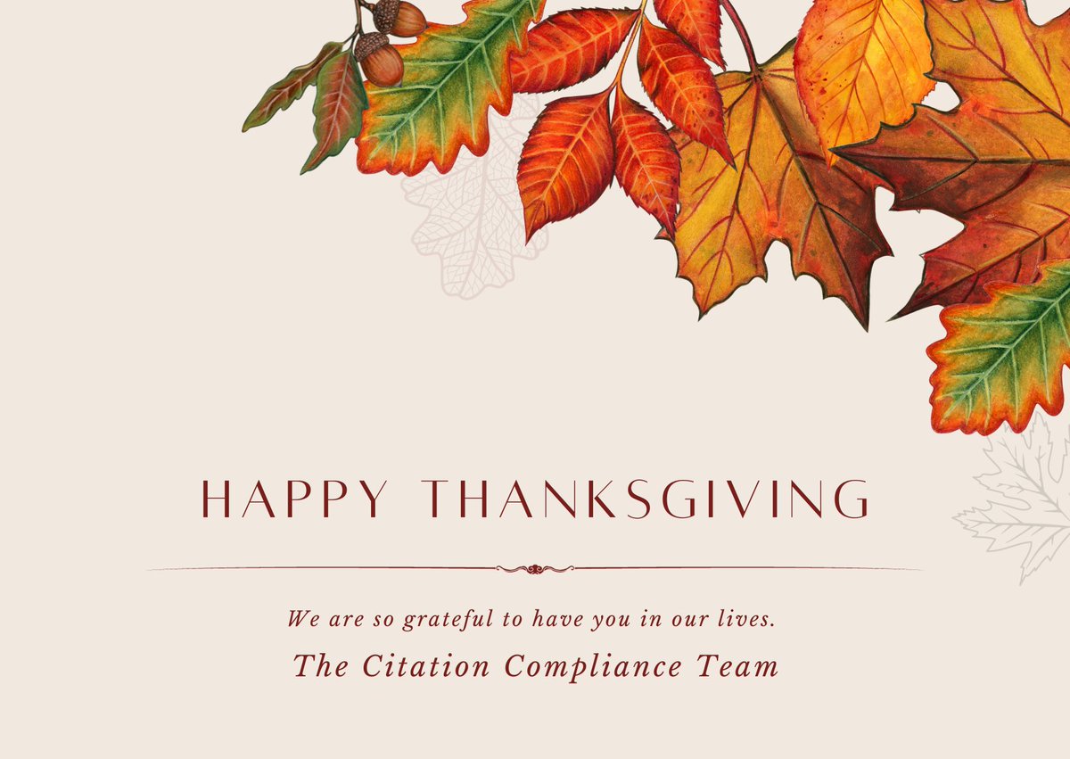 CitationComp's tweet photo. "As you gather around the Thanksgiving table, trust us with the compliance details. Enjoy the good times, be grateful for safety and well-being, and know regulations are keeping us safe. Happy Thanksgiving, everyone!" https://t.co/avJsh5rN8F