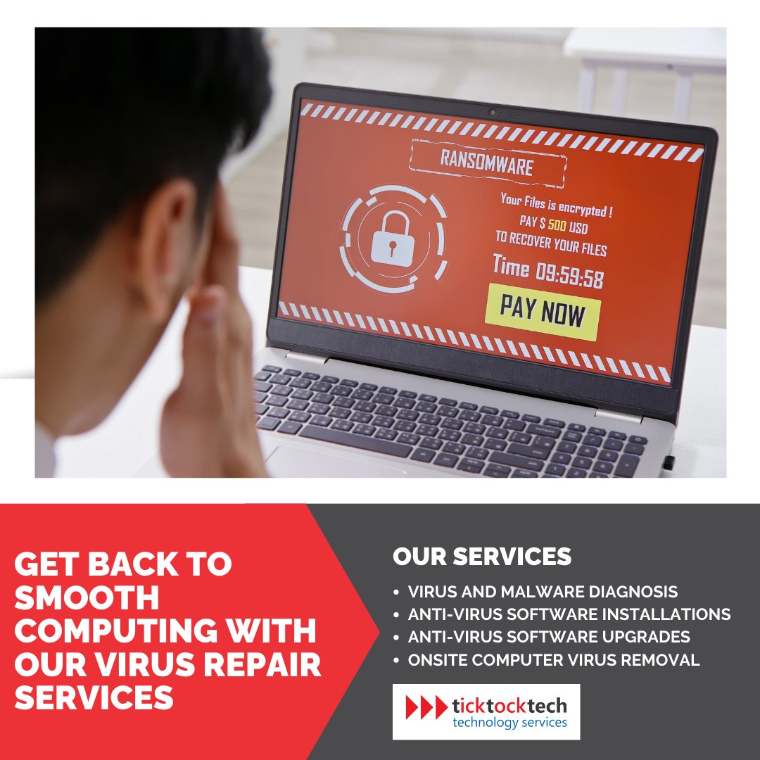 🚀 Ready to say goodbye to computer viruses and hello to smooth computing? TickTockTech has your back! 💻✨ Our virus repair services are here to make your tech life hassle-free. Book us now! 🌐🔧

#Ticktocktech  #computervirus #virus #cybersecurity #malware #computerproblems