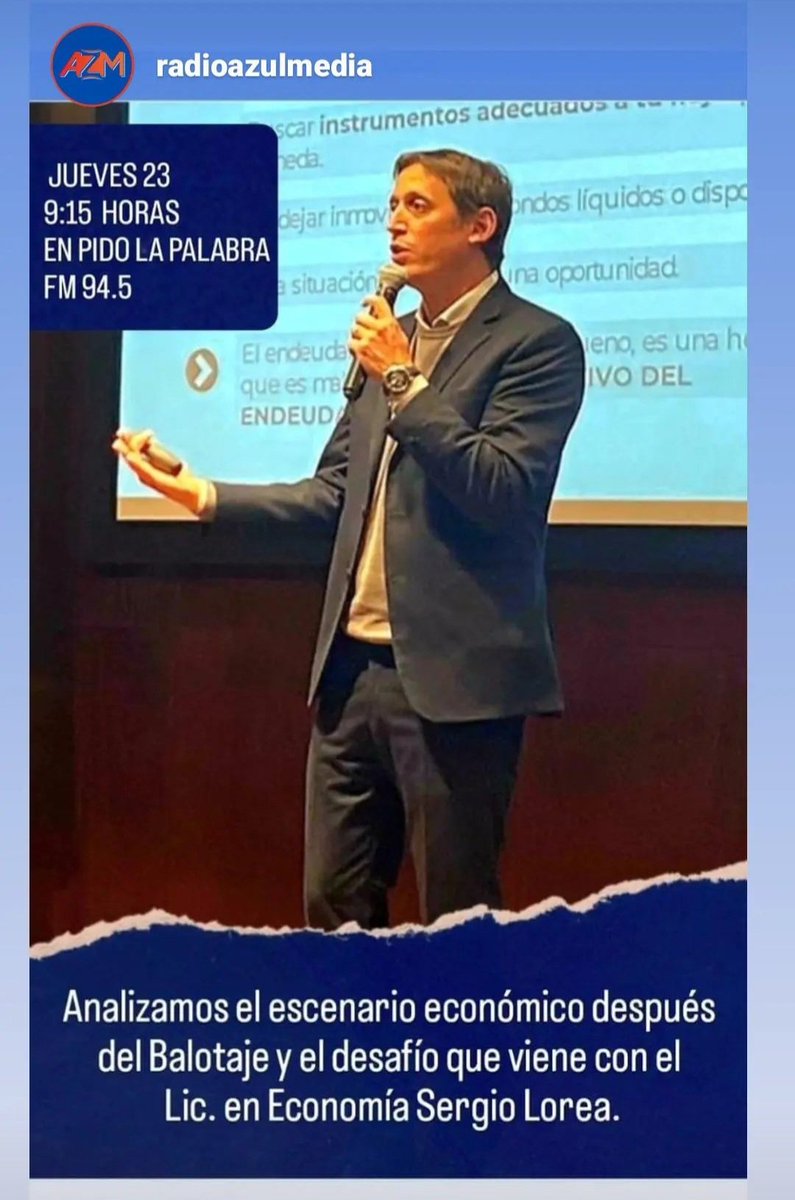 SergioLorea's tweet photo. Mañana en 94.5 FM AZM hablamos del escenario económico después del balotaje. Los esperamos!! https://t.co/mcSU6HhPI3