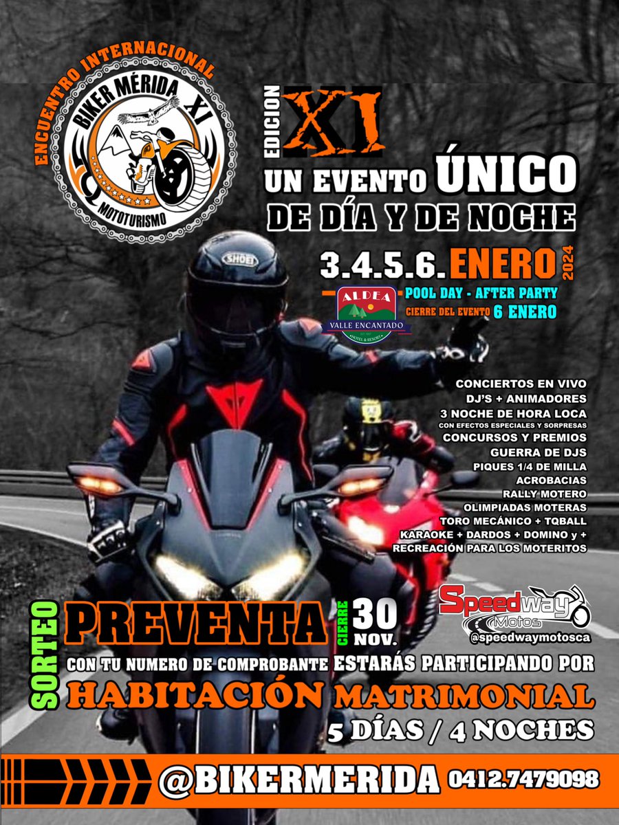 ⚠️⚠️⚠️ *Participa y Gana* !!!   🔥*XI edición del Encuentro Internacional Biker Mérida.. 3.4 5.6. de enero 2024* !!     La Primera Rumba MOTERA del Año ..           + información …  👇  instagram.com/p/Cz425_2t1dq/…