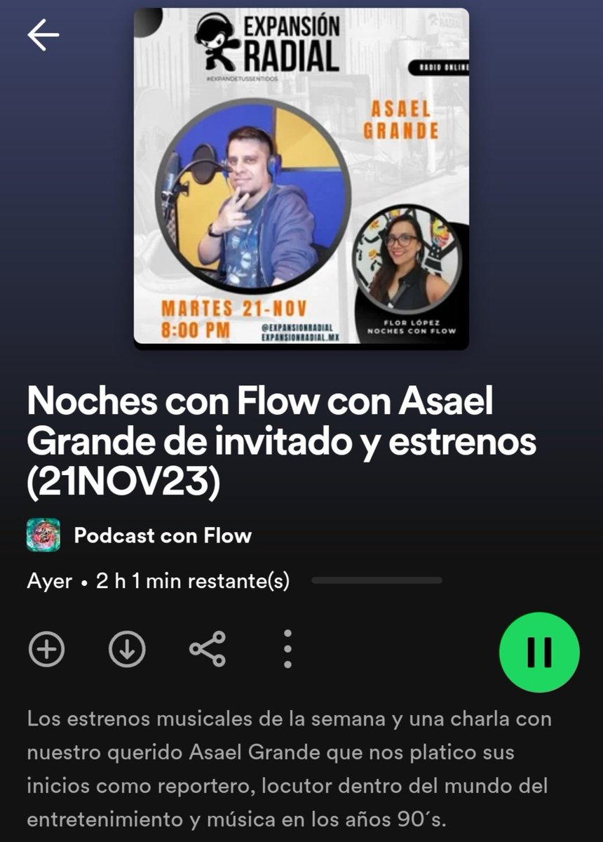 asael_grande's tweet image. Link:

open.spotify.com/episode/7rrlyp…

Noches con Flow! 🙂

#Flowalaire
#ExpansionRadial
#ExpandeTusSentidos
@Expansión Radial