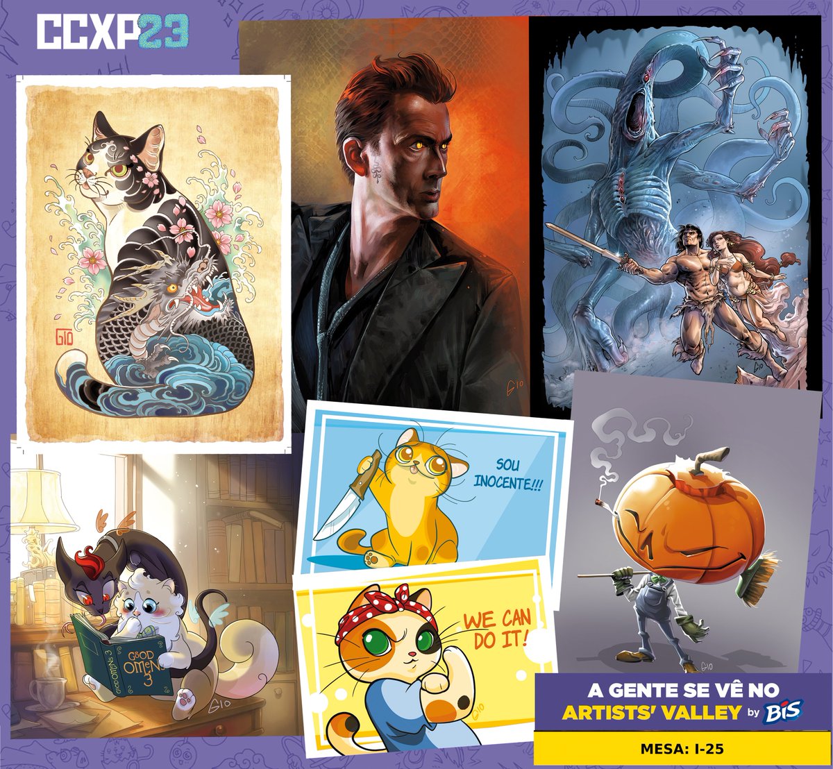 Temos monstros, heróis, coisas fofas e engraçadas!
E muitos gatos !
Algumas das artes que levarei no Artists Alley da #CCXP23 
Mesa I25!