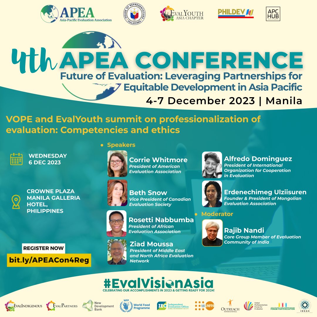 APEAeval's tweet photo. 🚀 Elevate your expertise!
Join us at #APEAconf2023 for the first VOPE and EvalYouth professionalization summit in the Asia Pacific feat:
@AlaskaCorrie, President @aeaweb
@drbethsnow, VP of @CES_SCE
@pdgnayenga, President @tweet_afrea
&amp; other experts

🎟️https://t.co/FkgHy2GI1C https://t.co/N81co5f5cR