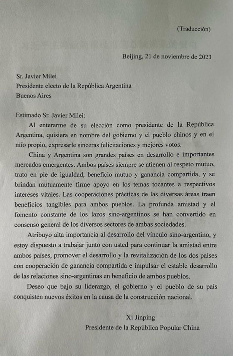 Agradezco al Presidente Xi Jinping las felicitaciones y los buenos deseos que me ha hecho llegar a través de su carta. Le envío mis más sinceros deseos de bienestar para el pueblo de China.