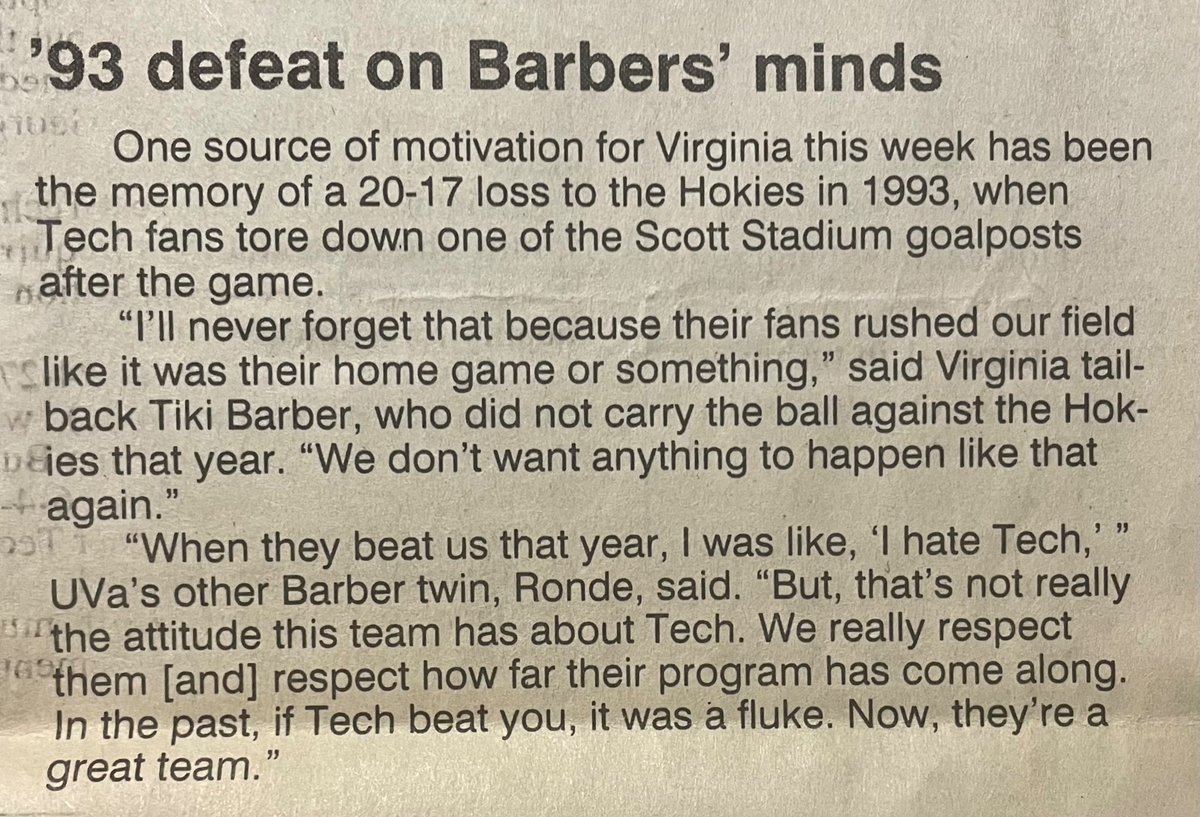 Hokie_Sandman's tweet image. Quotes before the 1995 VT-uva game. “We don’t want anything to happen like that again.” (referring to VT fans rushing the field like they did in 1993) 😆 #Hokies #BeatUVA #GoManGo #RivalryWeek