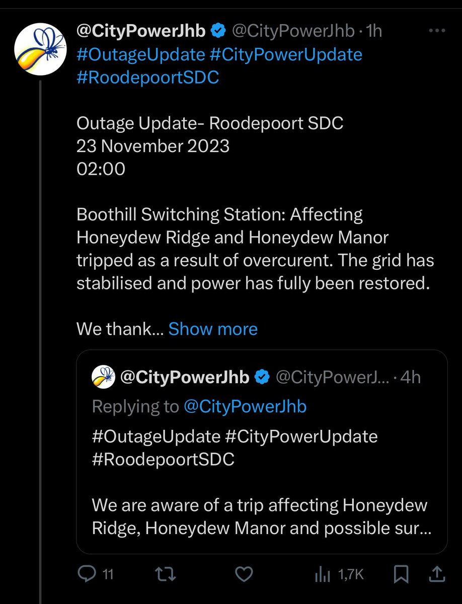 MamfaJane's tweet image. Dear @CityPowerJhb, #RandparkRidge has been without power since 11:45am on 22 Nov. We have received NO updates. These are updates for Roodepoort, Reuven, Midrand &amp;amp; Lenasia. Please could we have one like this for Randpark Ridge? We just want to be able to plan work, school etc
