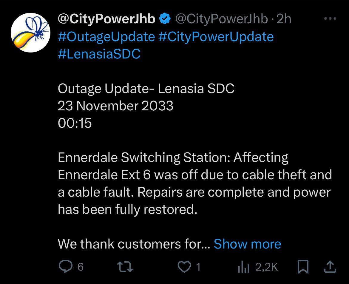 MamfaJane's tweet image. Dear @CityPowerJhb, #RandparkRidge has been without power since 11:45am on 22 Nov. We have received NO updates. These are updates for Roodepoort, Reuven, Midrand &amp;amp; Lenasia. Please could we have one like this for Randpark Ridge? We just want to be able to plan work, school etc