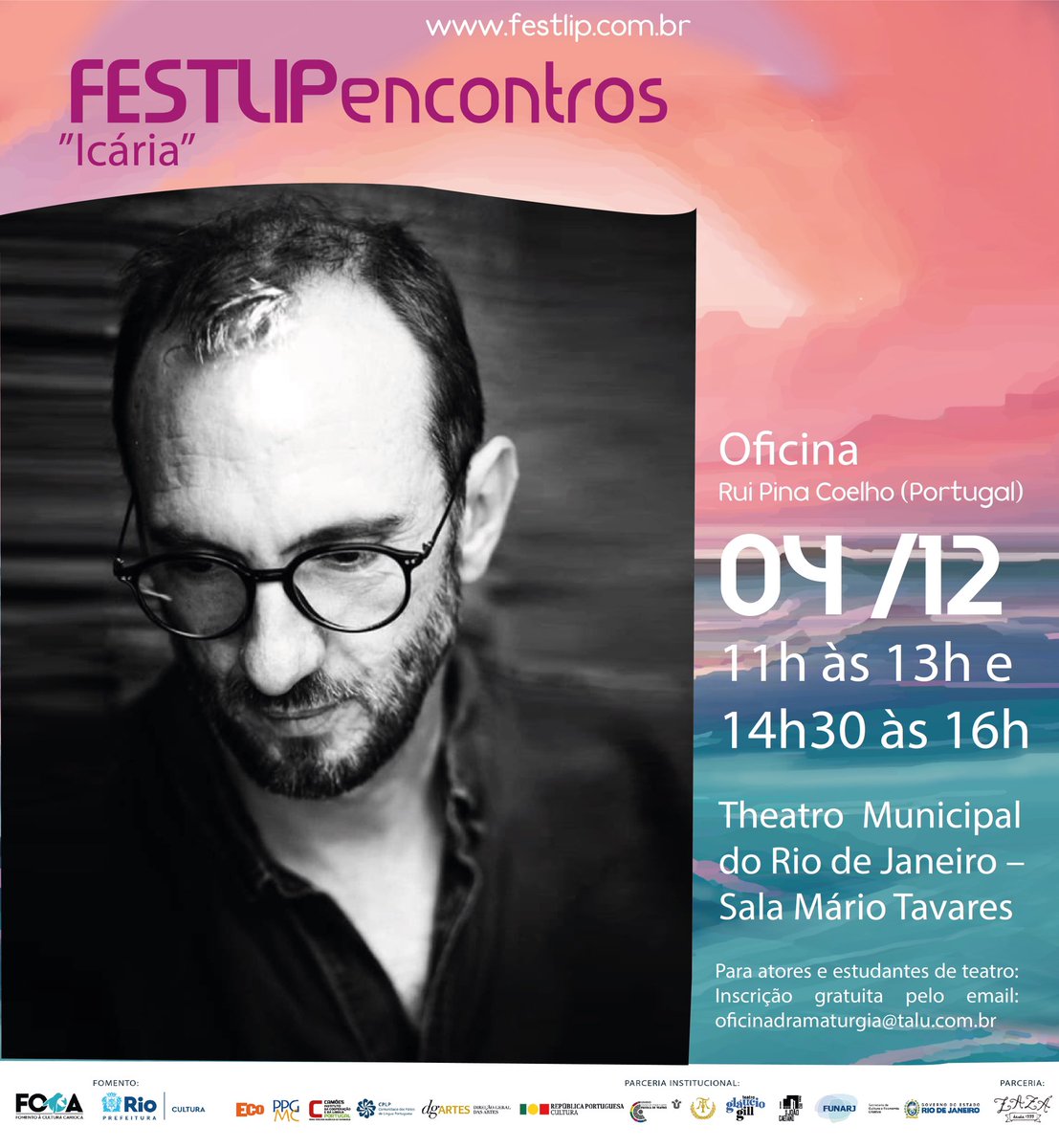 Teremos duas oficinas gratuitas para estudantes e professores de artes cênicas. 

“A Cena Improvisada” com Os Improváveis: inscrições até 23/11 pelo e-mail oficinaimproviso@talu.com.br

“Icária” com Rui Pina Coelho: inscrições até 2/12 pelo e-mail oficinadramaturgia@talu.com.br