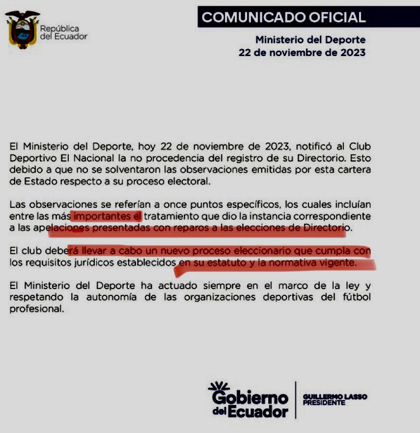 Drwandradee's tweet photo. 🚨NUEVAS ELECCIONES EN EL NACIONAL‼️ ||
NUESTRA APELACIÓN y oposición al nulo proceso de elecciones y al posterior intento de registro del espurio directorio, fue atendido favorablemente por el Ministro del Deporte…y como consecuencia jurídica de ello, el @DeporteEc NO REGISTRA a Lucía Vallecilla y al Gnrl. Santiago Almeida (presidenta y vicepresidente) y ordena que se realice un nuevo proceso electoral donde se cumpla con la ley y el estatuto. 

📍Con nuestra agrupación de socios @GeNteRojaEc y un grupo de empresarios con el suficiente respaldo económico y capacidad de gestión, tenemos listo un plan maestro para estabilizar al club y sacarlo adelante, que incluye la ejecución de un plan real para construir nuestro #EstadioRojo…tan pronto como los socios nos dispensen con su confianza en las urnas. 
📍Esperamos que en las @FFAAECUADOR haya la conciencia de la necesidad de un nuevo modelo de gestión moderno y transparente para la institución, que permita una diga representación de la institución militar que fue su origen, en el marco de una nueva relación de “alianza estratégica” con beneficio a sus socios militares y sobre todo para retomar el camino de gloria. 
#NadieEstáSobreLaLey 
#FueraVallecilla 
#PrimeroElNacional