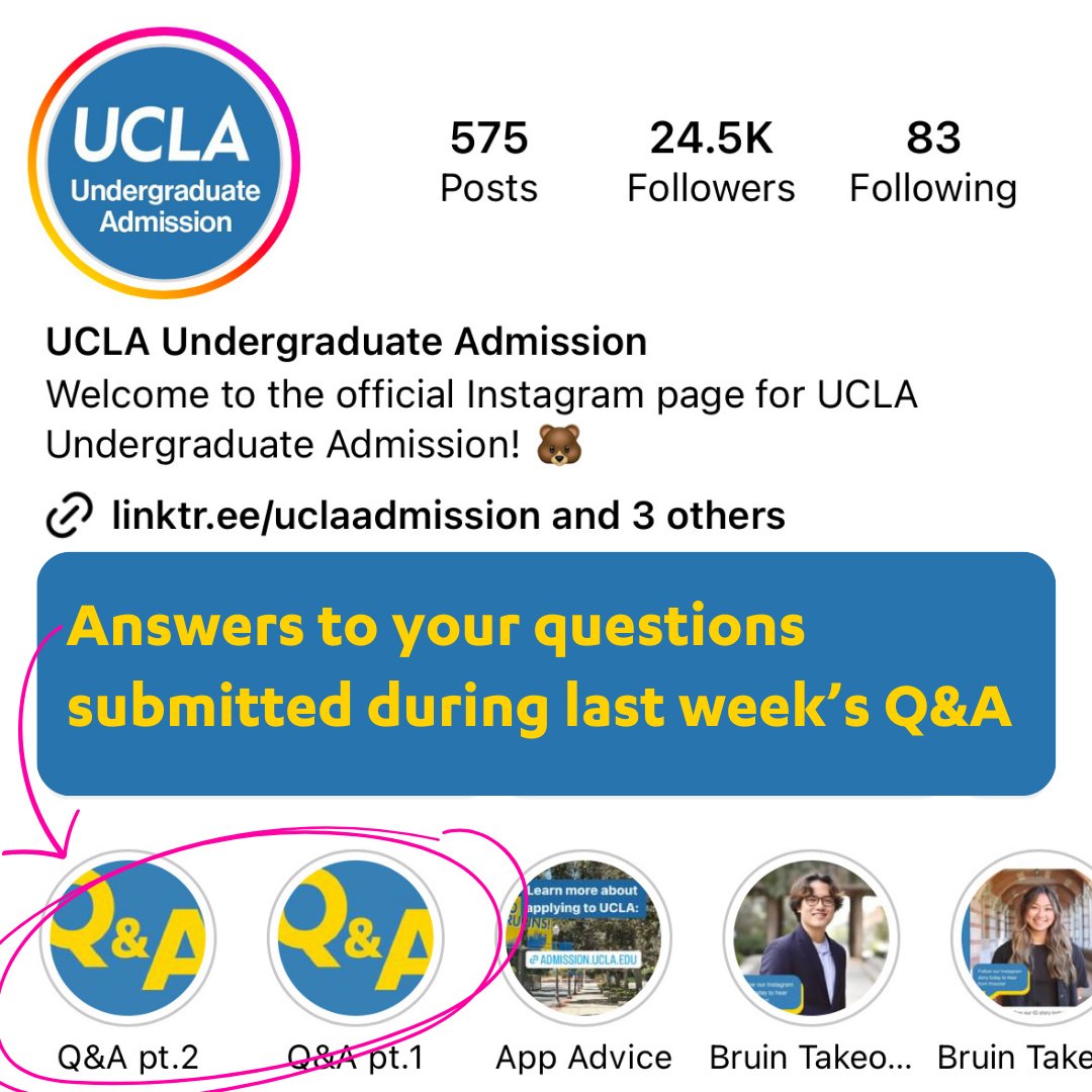 UCLAAdmission's tweet photo. Asked us a question about applying to UCLA via the question box on our Instagram story last week? Check out the answers via the Q&A highlight on our Instagram profile as you finish up your UC Application! #ApplyUCLA https://t.co/cQM79gveqB