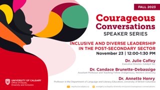 Join us #CourageousConversation @UCalgary Dr @jcafley, Exec Dir, Catalyst Inc. Dr @BrunetteCandace (Mushkego Cree), Assistant Prof & Teaching Fellow @WesternU Dr @Annette Henry, Prof, in Language & Literacy Educ @UBC Nov 23, 2023 Time: 12-1:30pm MST go.ucalgary.ca/2023-11-23-Inc…