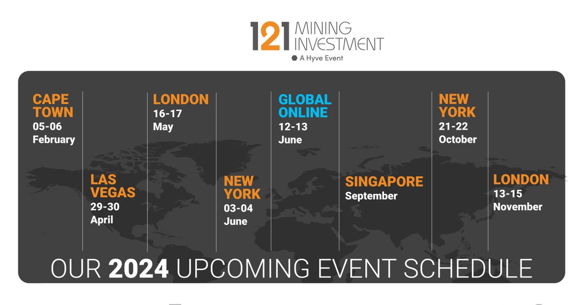 121MiningInv's tweet photo. #121MiningInvestment 2024 event schedule.
121 events connect portfolio managers and analysts from institutional funds, private equity groups and family offices with mining company management teams, both online and in-person.
Sign up here: https://t.co/ylPq5qzRr8
#121Group https://t.co/xTLsQGO25K