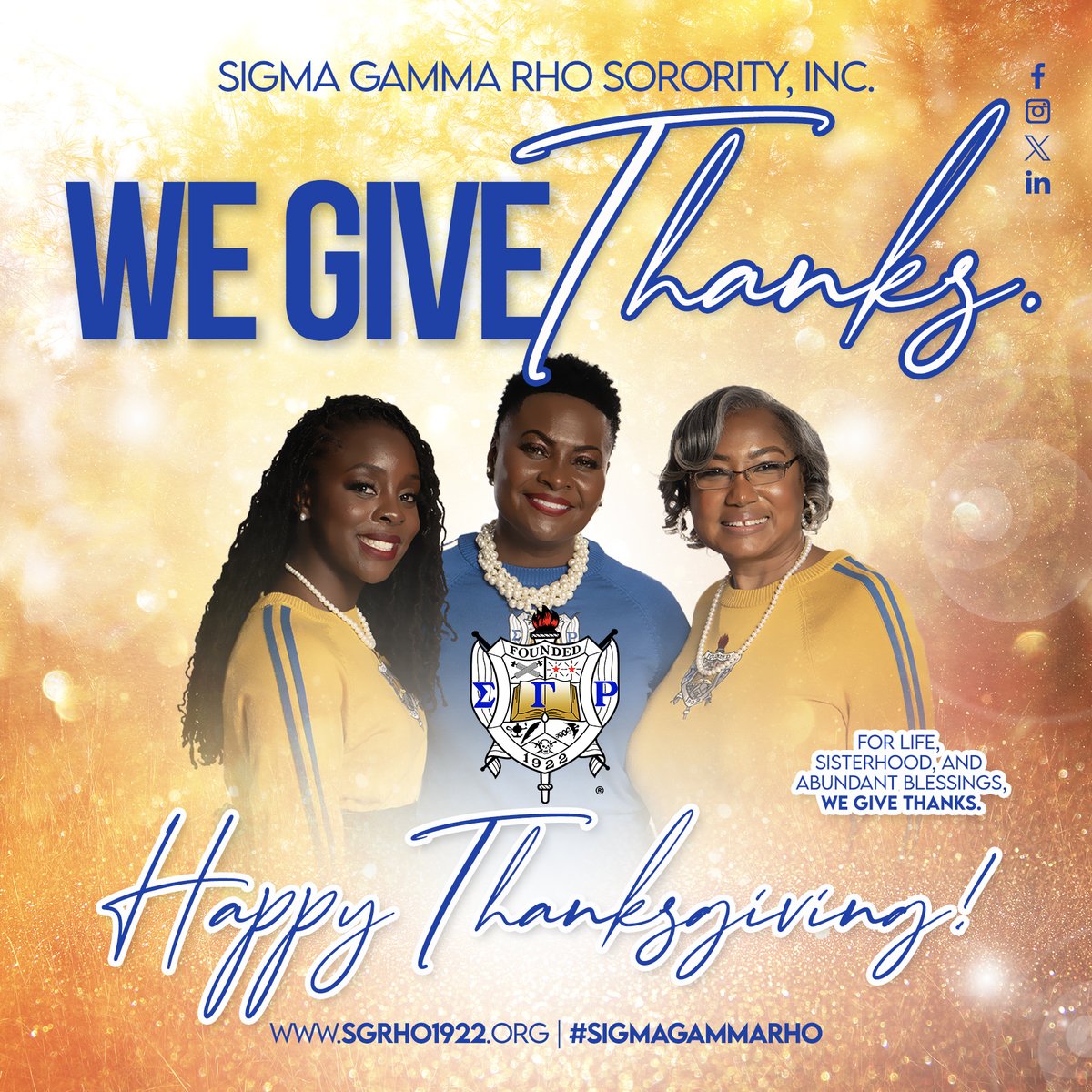 Happy Thanksgiving from the Greater and Grateful Women of Sigma Gamma Rho Sorority, Incorporated! 

Enjoy your Thanksgiving Holiday with family and friends.  

#SigmaGammaRho #GreaterWomenGreaterWorld #AmplifyGreater #Thanksgiving