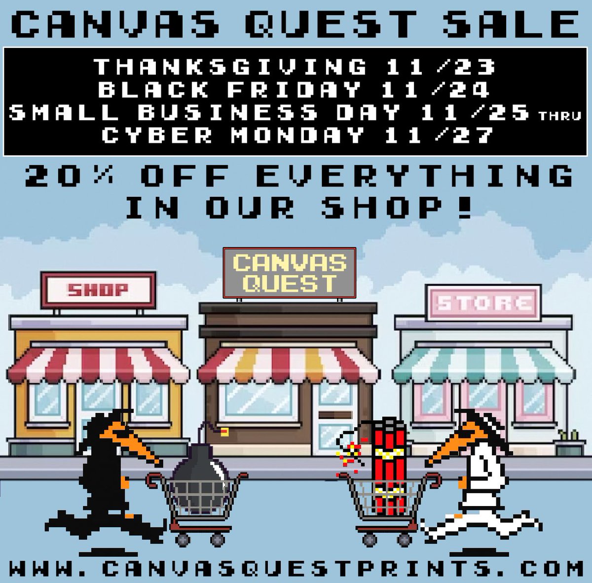 Join us for our biggest sale of the year! Starting tomorrow, enjoy 20% off everything we have in our shop! Hope everyone has a great Thanksgiving!canvasquestprints.com #blackfridayvideogames #smallbusinessday #gamerpin #pingamestrong #gamepin #enamelpin #enamelpins #retrogamer