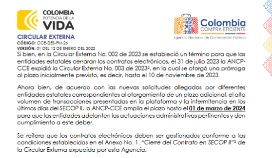 contrataenlinea's tweet photo. 📰CIERRE DE CONTRATO ELECTRÓNICO. SECOP II. CIRCULAR 006/2023. Colombia Compra Eficiente. Se amplía el plazo hasta el 01 de marzo de 2024 https://t.co/Zb84rlHr9W https://t.co/kEEOkDuxmL
