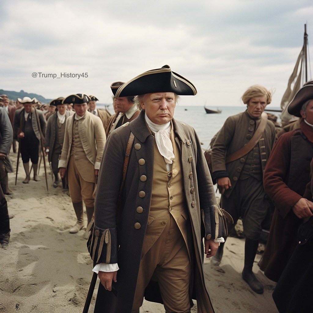 Trump_History45's tweet image. Donald Trump and the Pilgrims take to the shores of Plymouth - 1620, colorized