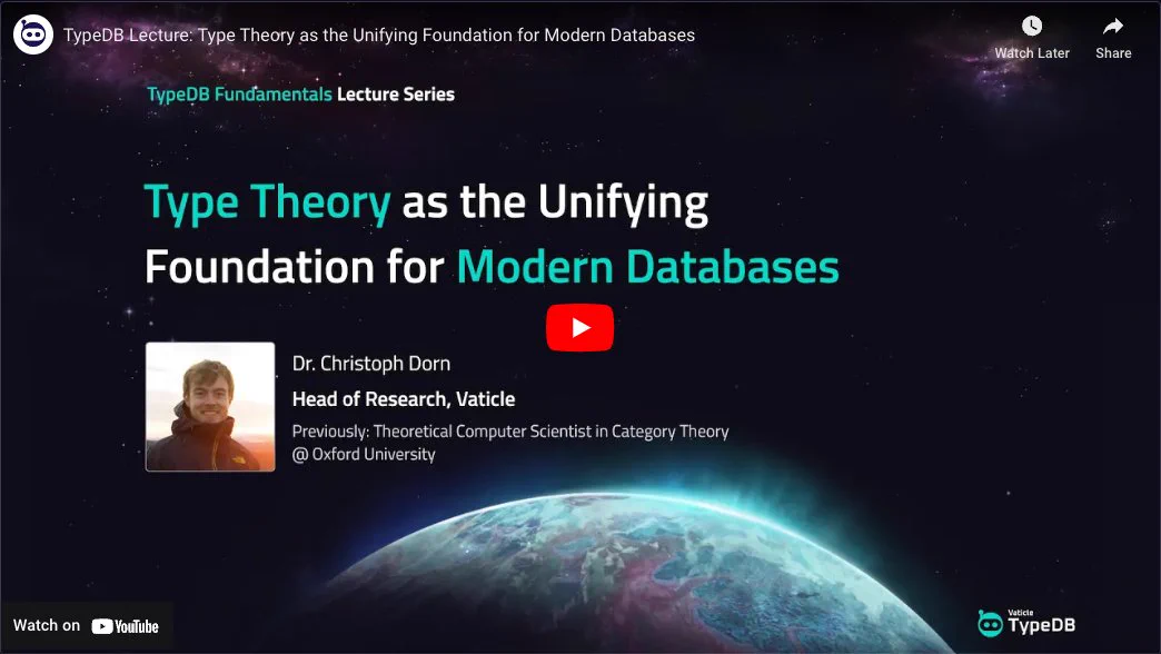 #TypeDB Lecture's on Type Theory as The Unifying Foundation for Modern Databases is now available for viewing on typedb.com/lectures/type-theory.

With new type-theoretic mathematics at our disposal, how would we re-think and re-design the foundations of modern databases in the best possible way?

In the first of TypeDB Fundamentals Lecture Series, we discuss the mathematical origins of the most prominent database paradigms, how contemporary mathematics re-thinks these foundations with type theory and explained how conceptual modeling theory enables "highly generalizable data models". Finally we discuss the synthesis of conceptual data models and type theory to create a new "unified" foundation for the modern #database, that subsumes #sql, #mongodb, and #graphdatabase.