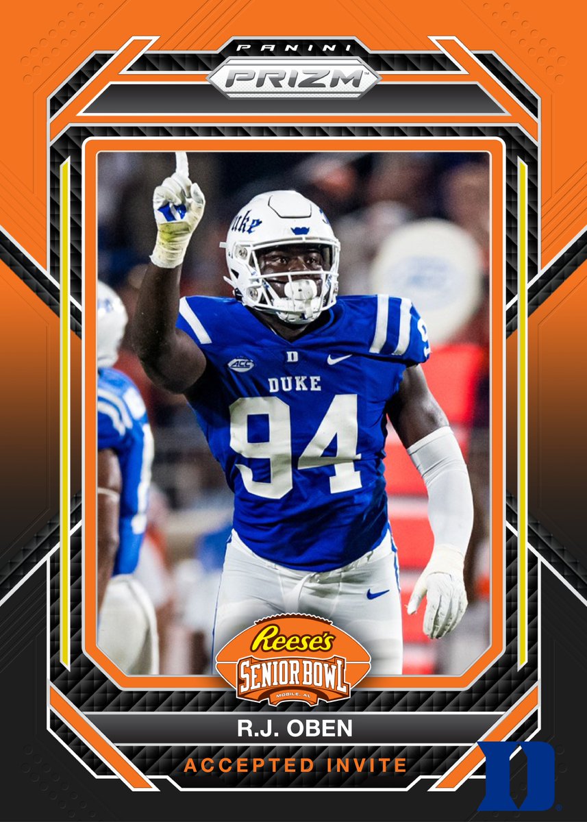 OFFICIAL! DL R.J. Oben from @DukeFOOTBALL has accepted his invitation to the 2024 Reese's Senior Bowl 😎😎😎 #BLEEDBLUE #TheDraftStartsInMOBILE™️ @JimNagy_SB @PaniniAmerica #RatedRookie