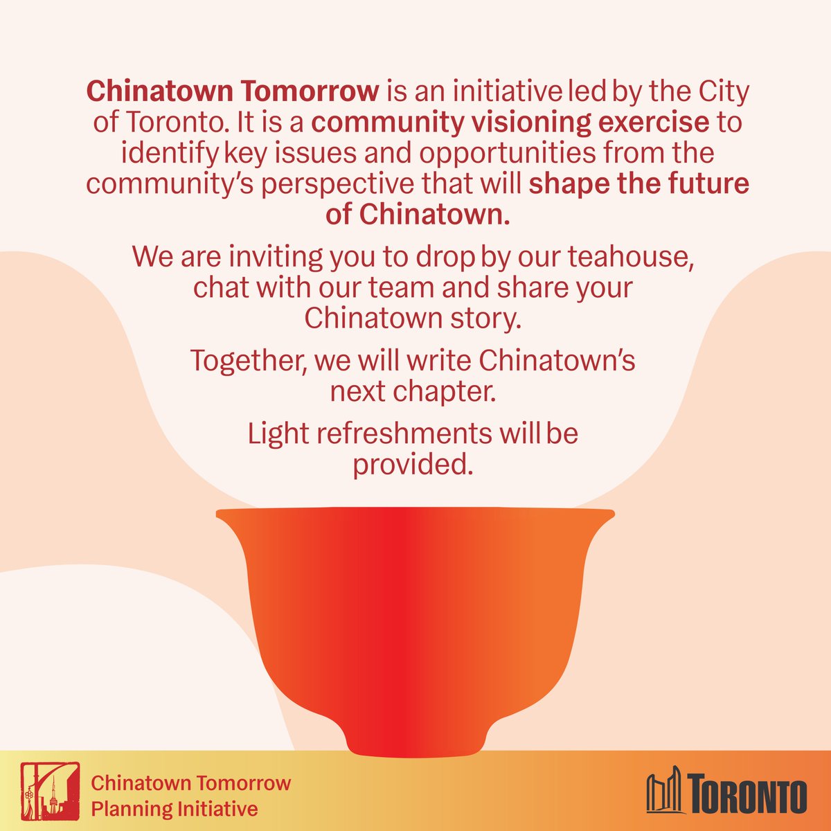 Come chat with us at our teahouse 🫖!  We are launching our  #torontochinatown Planning Study public consultation this Saturday Nov 25 from 2pm-5pm at the Chinatown Centre Mall.  Please come and share your ideas with  us!
@CityPlanTO
@ERAarch
@urbanmindsTO
@ThinkFreshGroup