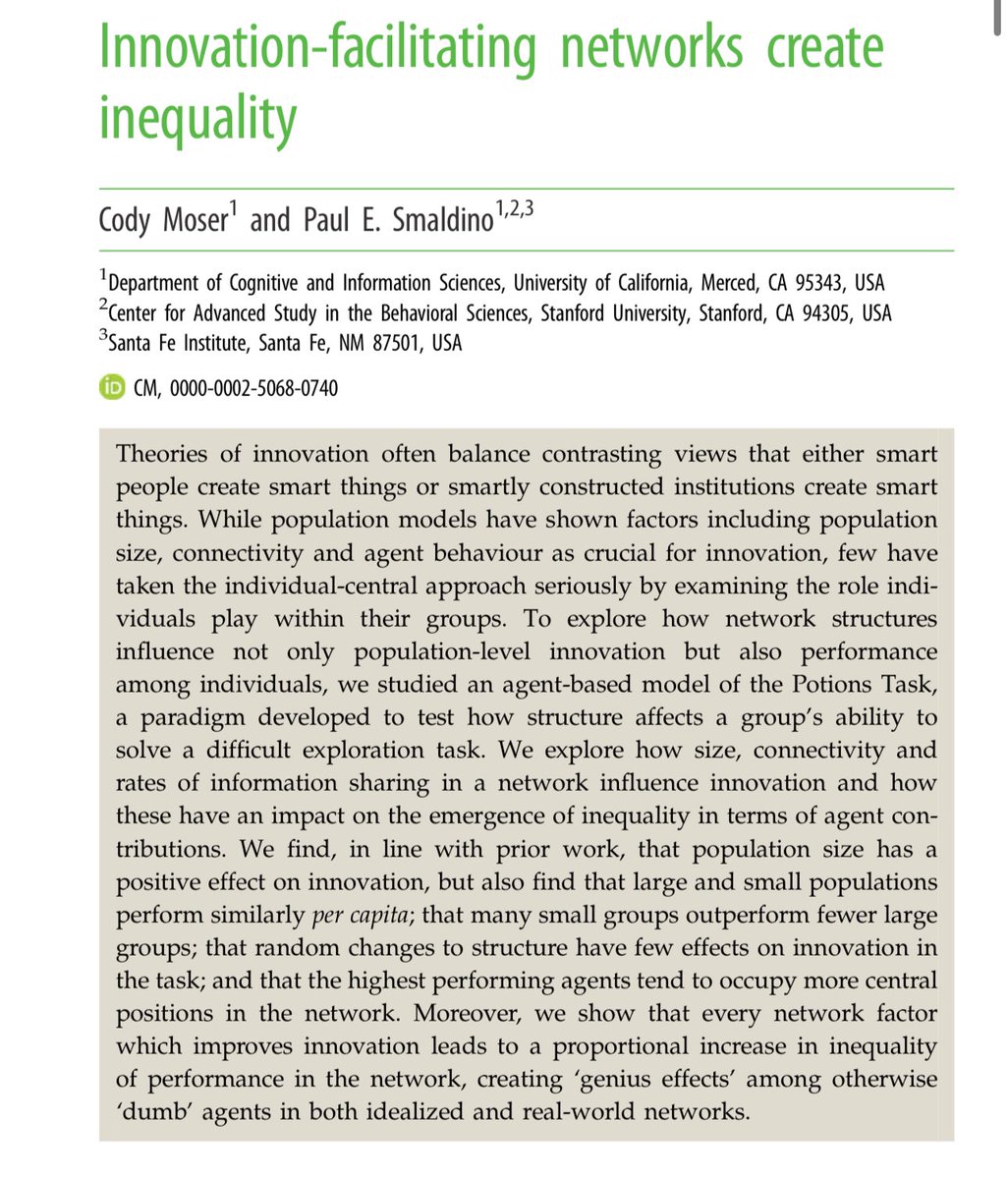 New paper shows that groups out-innovate individuals, and that many small groups beat a big one. So far no surprise. But the network structures that boost innovation most also create inequality, even if all abilities are the same, as well-connected “brokers” get extra returns.