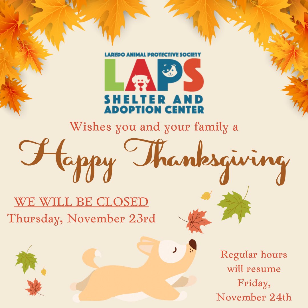 🦃 Our shelter will be CLOSED Thursday, November 23rd. Regular hours will resume Friday, November 24th.

We wish you and your family a safe and happy Thanksgiving 🍁