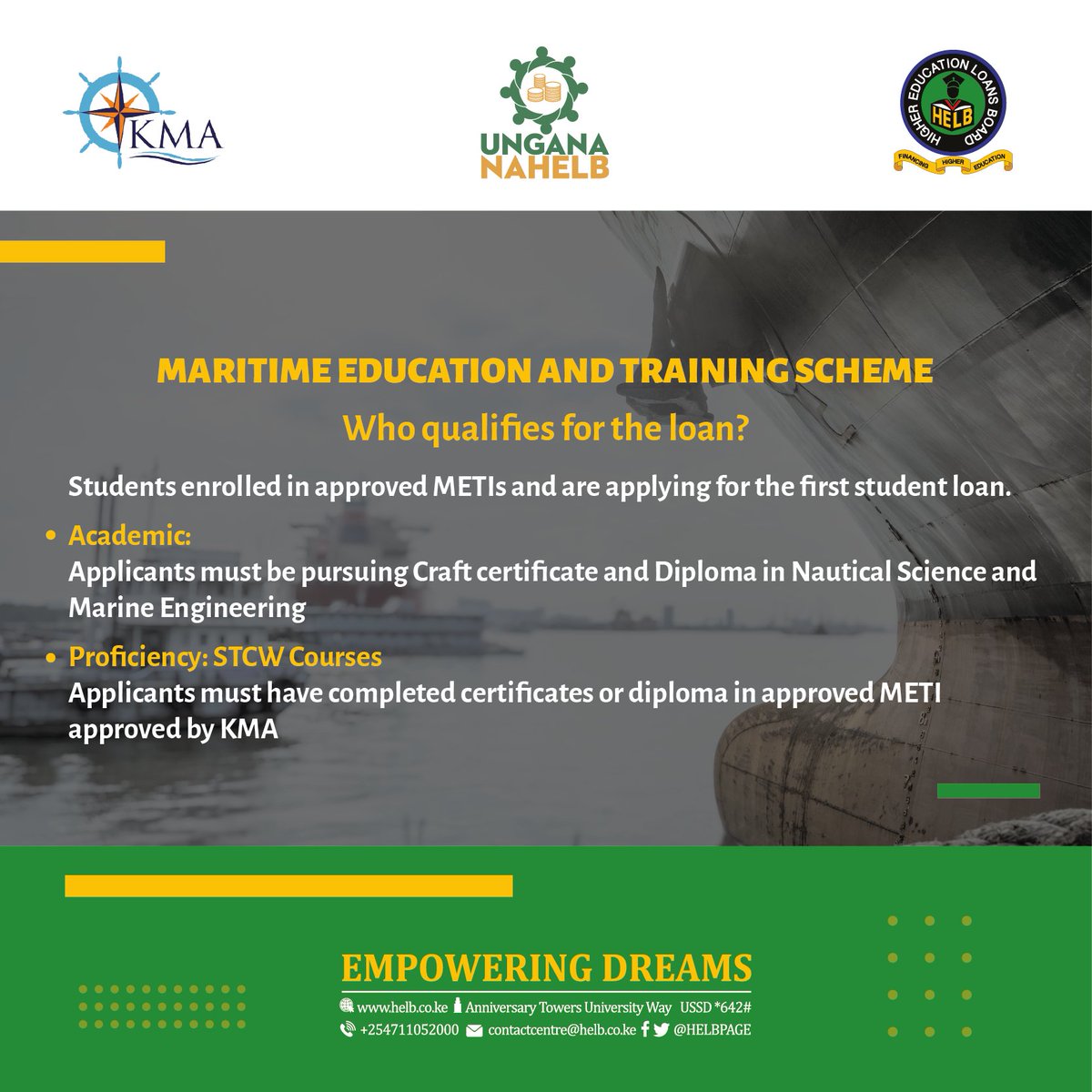 The maritime sector encompasses shipping, ports, business services, engineering & leisure marine industries and offers millions of jobs. The METs Fund by Kenya Maritime Authority (𝐊𝐌𝐀), presents you a ladder to these opportunities. Click here to apply:shorturl.at/eyJQ4