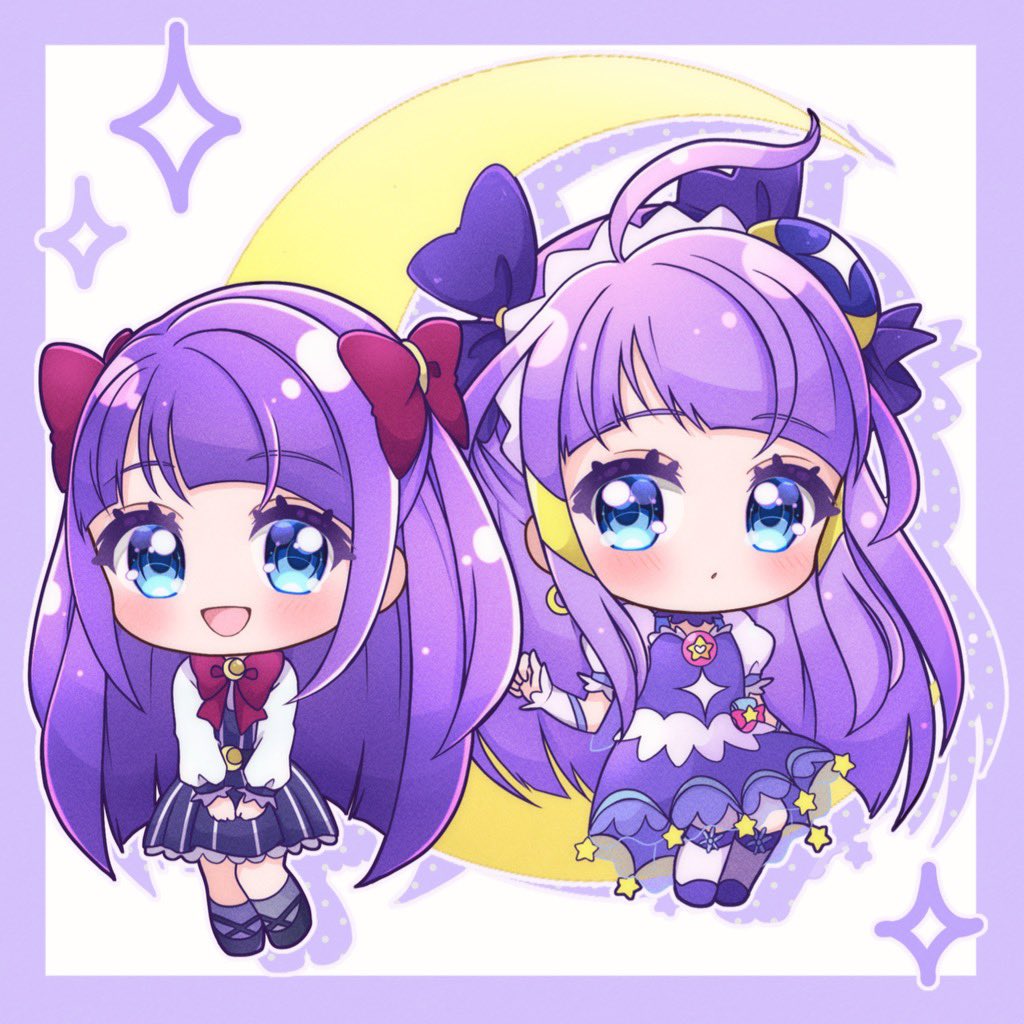 purple hair multiple girls 2girls chibi blue eyes crescent dual persona  illustration images