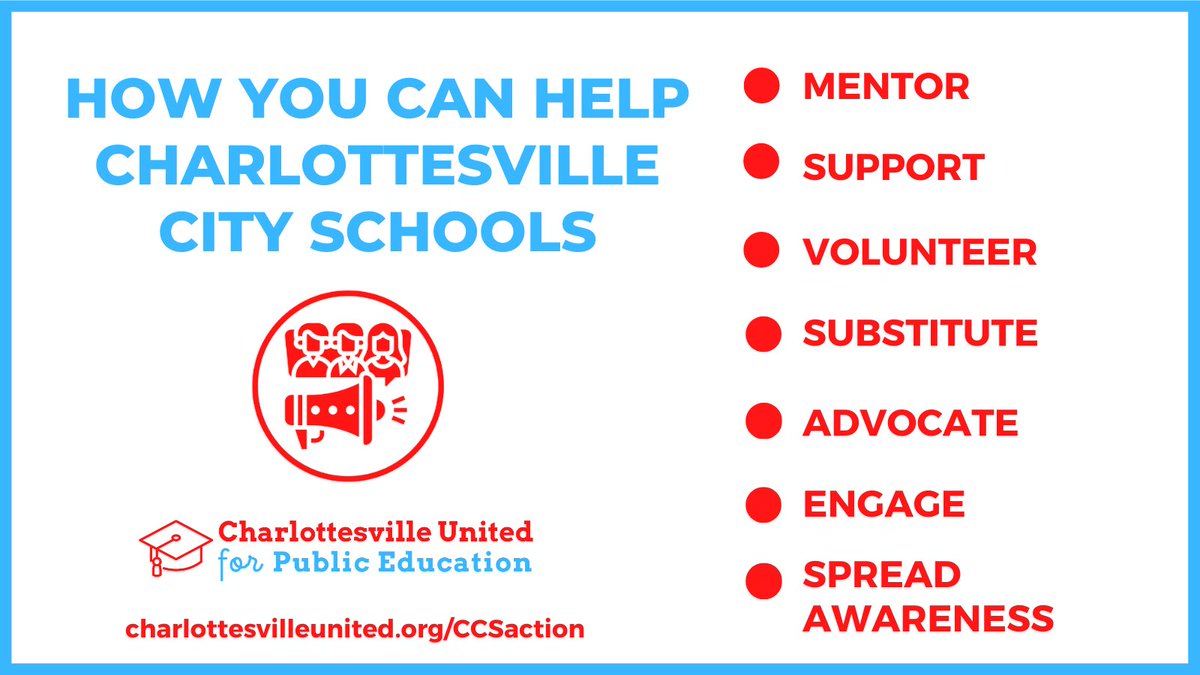 Easy steps you can take to speak out and step up for <a href="/CvilleSchools/">Charlottesville City Schools</a> students and teachers. We compiled a ton of links to help you get started. charlottesvilleunited.org/ccsaction