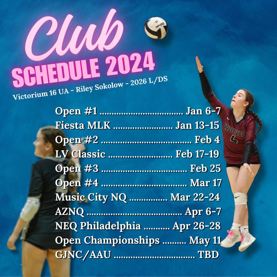 rileysok2026's tweet photo. 2023-2024 Club Season Schedule!! 🏐

Excited to play on Victorium 16 UA in the Open Division this year! Keep an eye out for updates throughout my season 👀

#libero #club #victorium #volleyball #volleyballlife #grind #neverquit #mentality #ds #mindset #azregion https://t.co/Q2MxwUYQ9K