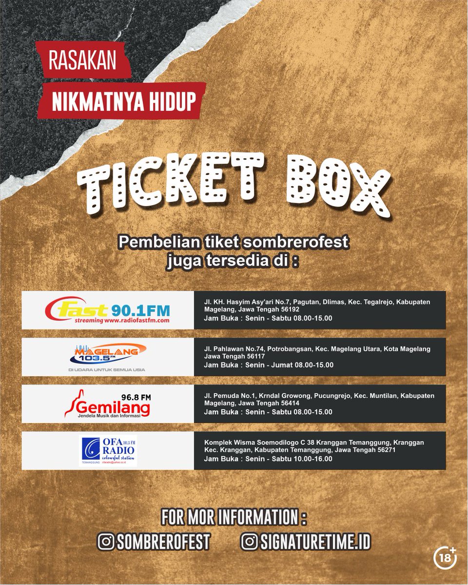Team sombrero memudahkan kamu buat beli tiket nih.
Semakin dekat semakin sayang, kaya kamu sama dek e nonton konser besok 😌

Pembelian offline tiket bisa melalui Radio terdekat kamu. Yok letss go cuss !

Info lebih lanjut check instagram <a href="/sombrerofest/">Sombrero Festival</a> <a href="/signaturetime/">Signature Time</a>.id