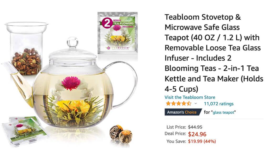 Teabloom Stovetop & Microwave Safe Glass Teapot (40 OZ) with