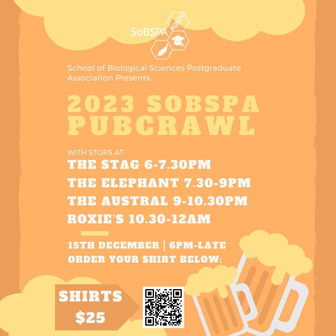 The SoBSPA 2023 PubCrawl is coming up on December 15th 🍻🥂🥳 Bring yourself and a mate along for a fun night, all are welcome! T-shirts are now available to order at the following QR code, and can be paid for upon collection- get in quick! See you there!
