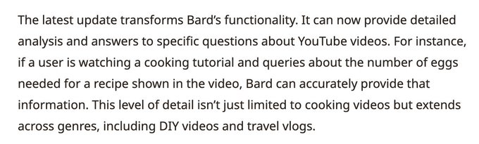 Bard AI enhances YouTube content interpretation in new Google update https://t.co/QsyY6cz8ci https://t