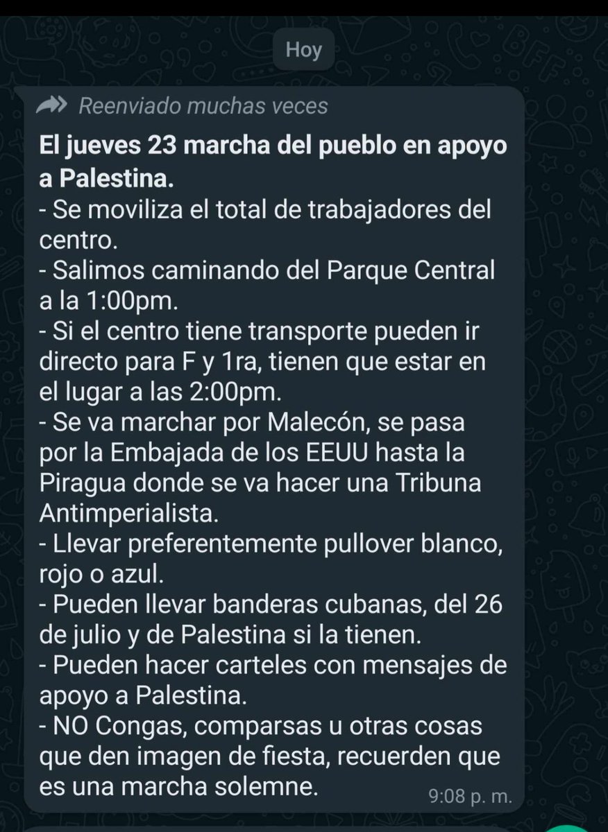 Mañana verán titulares en todos los medios de prensa diciendo que miles de cubanos salieron a las calles en favor de Palestina. Lo que no dirán esos medios de prensa (muchos serviles a causas antisemitas) es que la mayor parte de los “manifestantes” van obligados por la