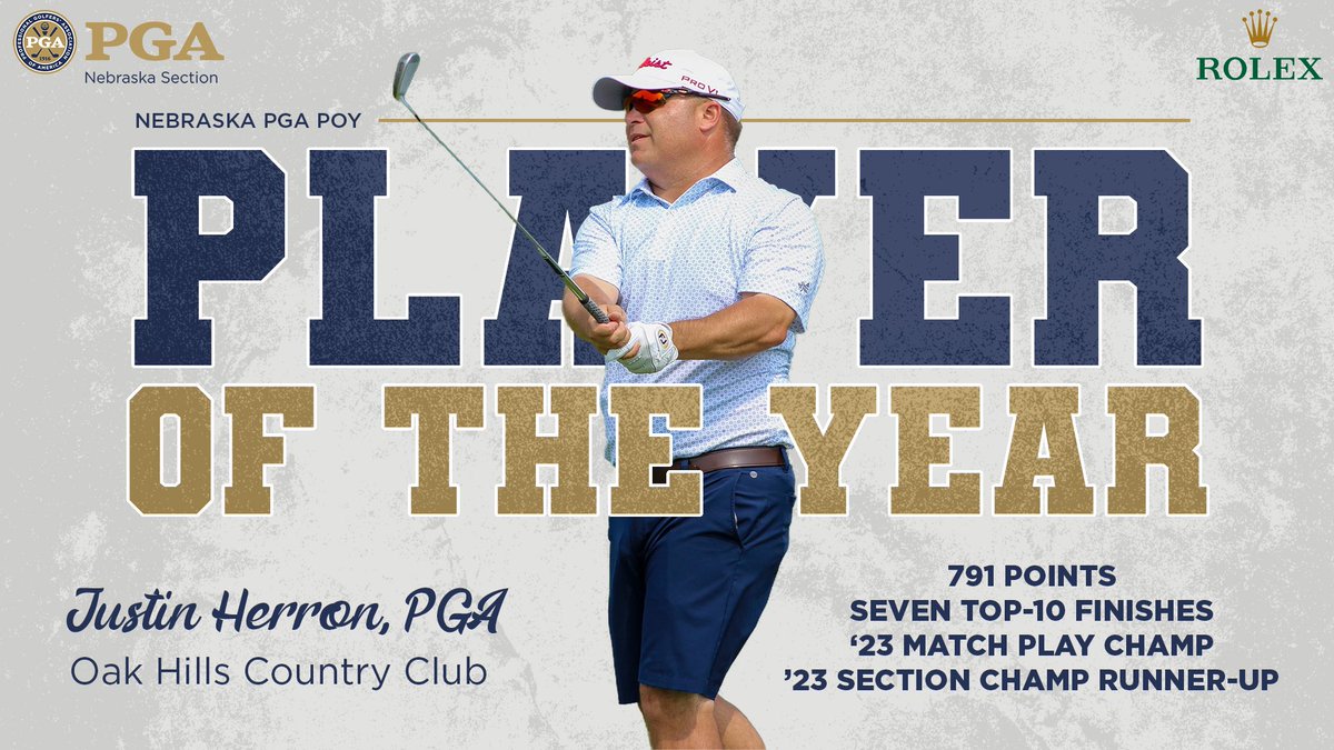 NebraskaPGA's tweet photo. 2023 NEPGA Player of the Year 🏆

Justin Herron (@brothernugget) of @oakhillsomaha was on top this season and brings home overall POY honors!

🔹791 Points
🔹Match Play Champion
🔹Seven Top-10 finishes 
🔹Runner-up at Section Champ

#NEPGAPOY | @ROLEX https://t.co/cwE4ZKDZe4