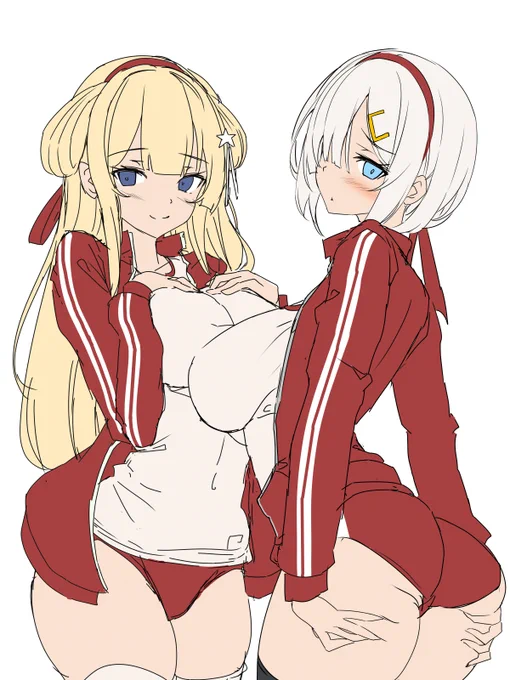 というわけで今回は何がとは言いませんが日米駆逐トップのお二人である浜風とフレッチャーマークトゥーの乳比べ絵描いてみました。 ついでにそれぞれ単独絵とおまけのラフです。  今回は判りやすくするため浜風とママのブルマの色を分けてます。 みんなはどっちのおっぱいがすきかな?