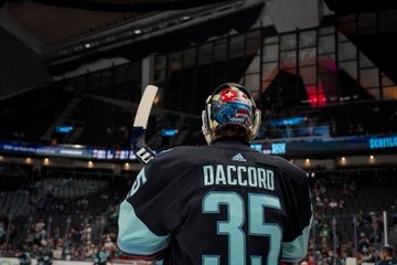 Joey Daccord on the ice during warmups