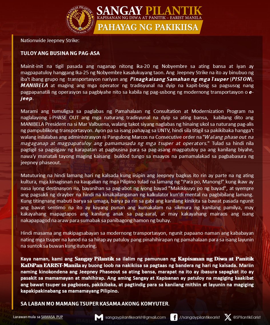 SPilantikEarist's tweet photo. 𝗣𝗔𝗛𝗔𝗬𝗔𝗚 𝗡𝗚 𝗣𝗔𝗞𝗜𝗞𝗜𝗜𝗦𝗔 | Nationwide Jeepney Strike

Basahin: https://t.co/gjkd08T5ko https://t.co/9FZgET2JSO
