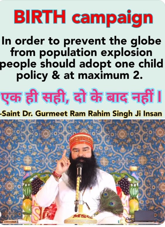 Neeru56332124's tweet photo. Saint Ram Rahim Ji started Birth campaign Dara Sacha Sauda followers of" only one child" not after two child we should also contribute to save the earth from the effect of population #BirthCampaign
Saint Ram Ram Rahim Ji https://t.co/ljt7A0wjuO