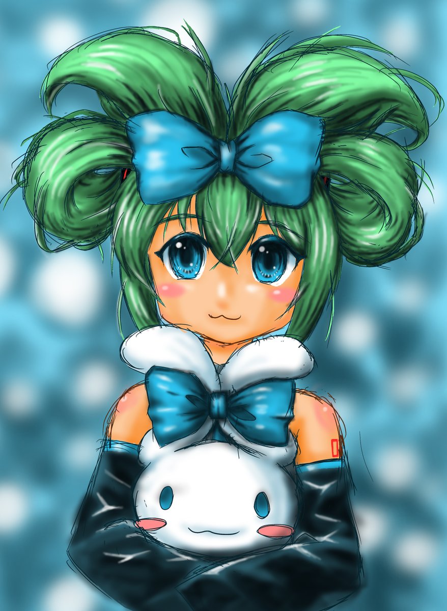 cinnamoroll ,hatsune miku 1girl bow :3 detached sleeves blue eyes green hair hair bow  illustration images