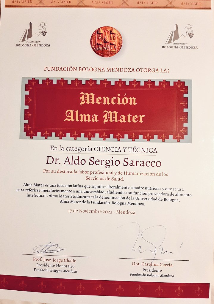 toxicologiamza's tweet photo. Gracias!!! Fundación Bologna Mendoza por su reconocimiento y entrega de la Mención "Alma Mater" en la categoría Ciencia y Tecnología, por destacada labor profesional y de Humanización de los Servicios de Salud.
https://t.co/kLLfhi5iAx https://t.co/I73Sh3mg0F