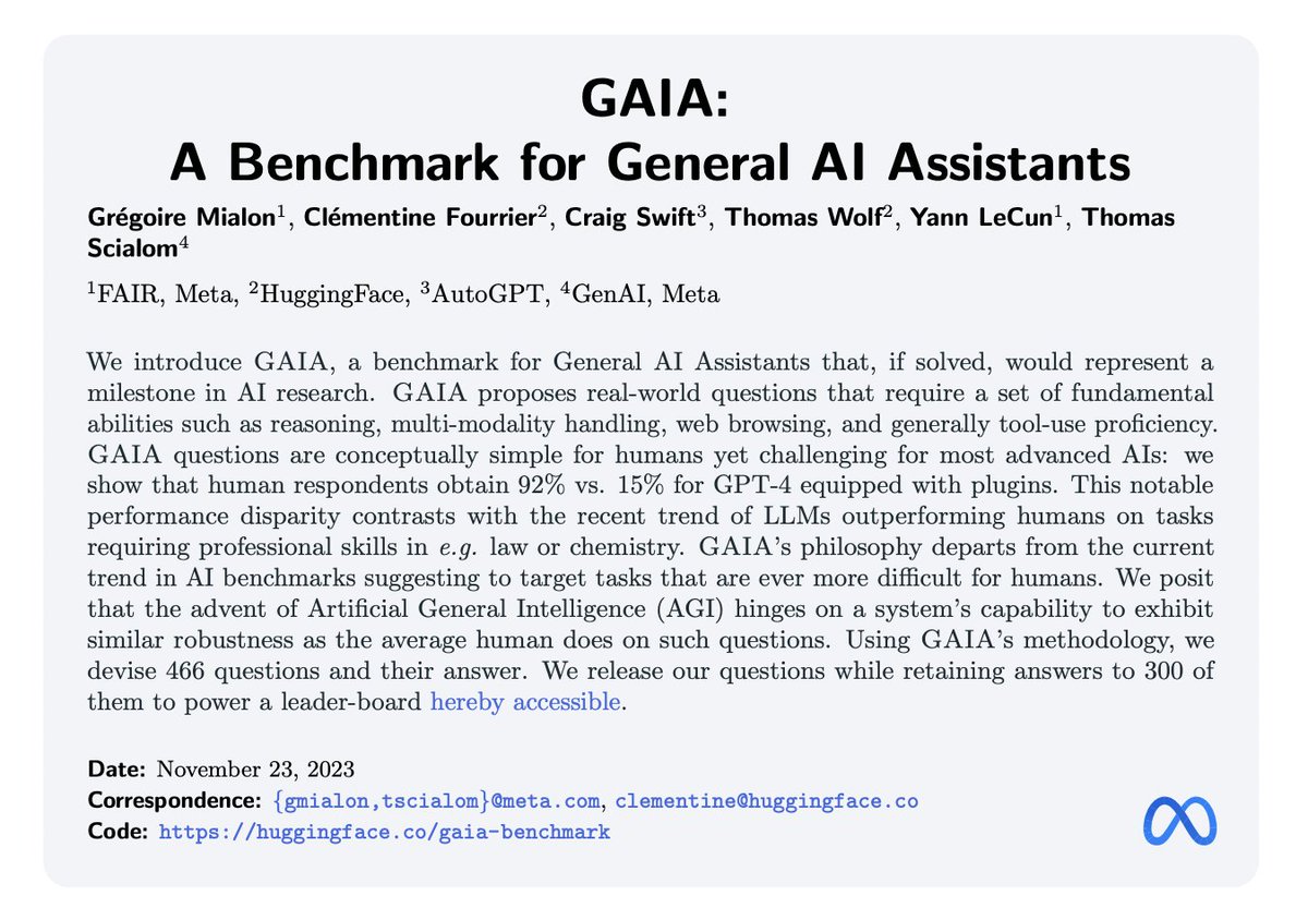 GAIA: a benchmark for General AI Assistants paper page: huggingface.co/papers/2311.12… introduce GAIA, a benchmark for General AI Assistants that, if solved, would represent a milestone in AI research. GAIA proposes real-world questions that require a set of fundamental abilities such…