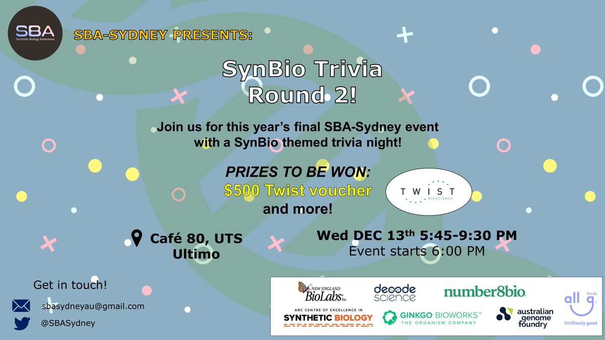 Who’s up for some more #synbio Trivia! Since our last event in 2020 was so well received, we thought we’d do it again. Join us for some free food and prizes (inc. $500 Twist Vouchers). Don’t miss out on a spot as tickets are limited!  eventbrite.com.au/e/sba-sydney-p…