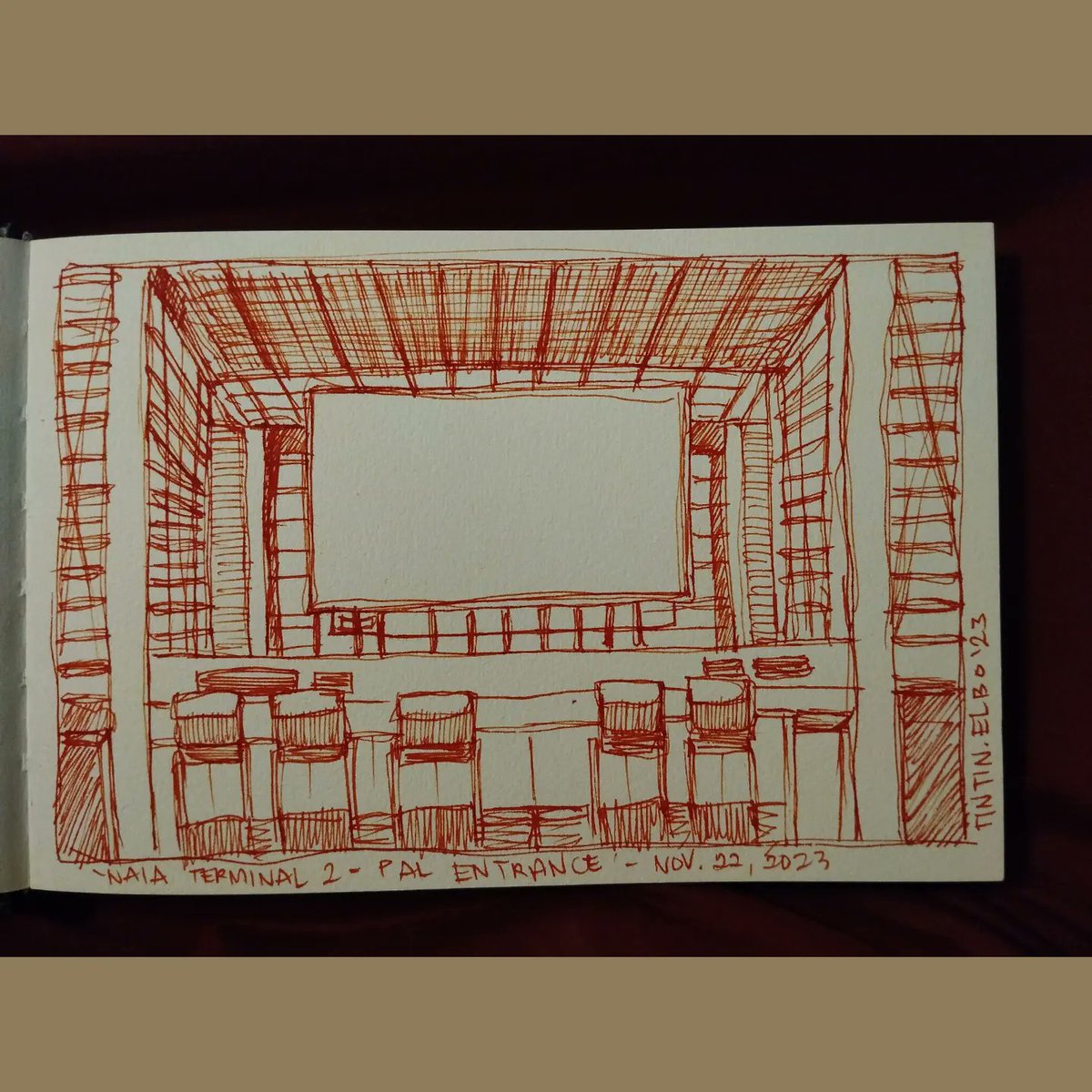ElboTintin's tweet photo. Akala ko may lalabas na palabas/commercial doon sa white screen sa tapat ng waiting area. Wala pala. 😅

#OTWtoCebu #Halfday #doodle #sketchbookseries #OrangeInk #MontMarte #monamiolika #art #artph #instaart #DailyArt https://t.co/j6l6S9uq7s