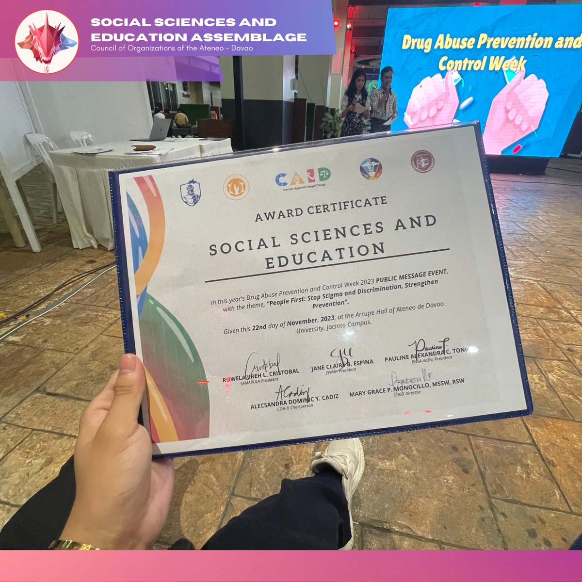 ADDU_SSE's tweet photo. 𝗟𝗢𝗢𝗞 | 𝗗𝗥𝗨𝗚 𝗣𝗥𝗘𝗩𝗘𝗡𝗧𝗜𝗢𝗡 𝗪𝗘𝗘𝗞 𝟮𝟬𝟮𝟯 

The COA-D SSE Assemblage proudly participated and took part in the celebration of 𝐃𝐫𝐮𝐠 𝐀𝐛𝐮𝐬𝐞 𝐏𝐫𝐞𝐯𝐞𝐧𝐭𝐢𝐨𝐧 𝐚𝐧𝐝 𝐂𝐨𝐧𝐭𝐫𝐨𝐥 𝐖𝐞𝐞𝐤 𝟐𝟎𝟐𝟑 𝐏𝐮𝐛𝐥𝐢𝐜 𝐌𝐞𝐬𝐬𝐚𝐠𝐞 𝐄𝐯𝐞𝐧𝐭 https://t.co/ELuZ6vMcua