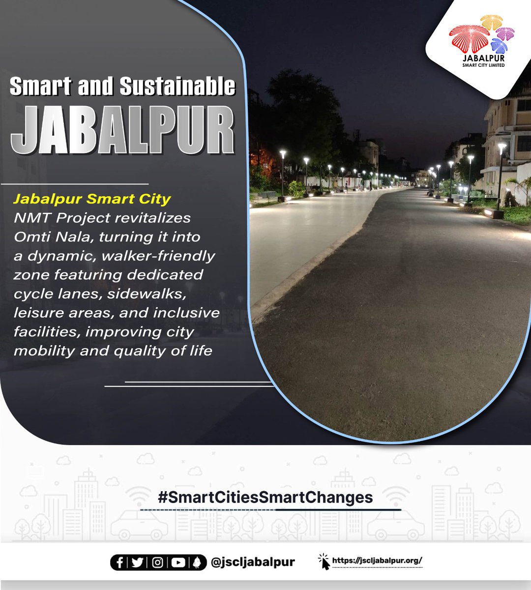 jscljabalpur's tweet photo. ✨ Smart and Sustainable JABALPUR ✨
NMT Project revitalizes Omti Nala, turning it into a dynamic, walker-friendly zone featuring dedicated cycle lanes, sidewalks, leisure areas, and inclusive facilities, improving city mobility and quality of life.
#SmartCitiesSmartChanges https://t.co/4CIF6i39U6