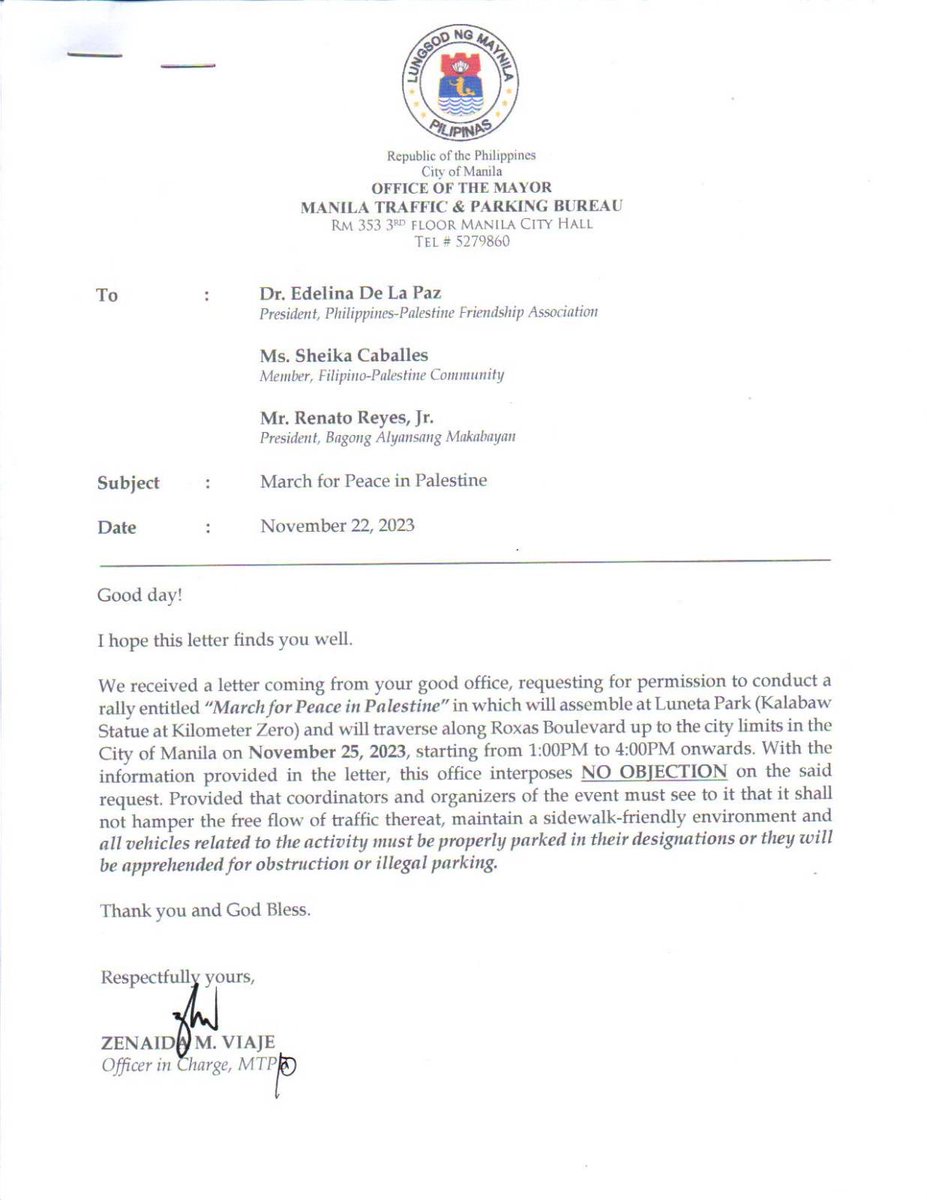 UPDATE: Manila City government PERMITS the conduct of MARCH FOR PEACE IN PALESTINE! To all peace-loving filipinos who will attend the March, send us a dm so we can add you to official coordinating telegram coordinating group chat! #StandWithPalestine