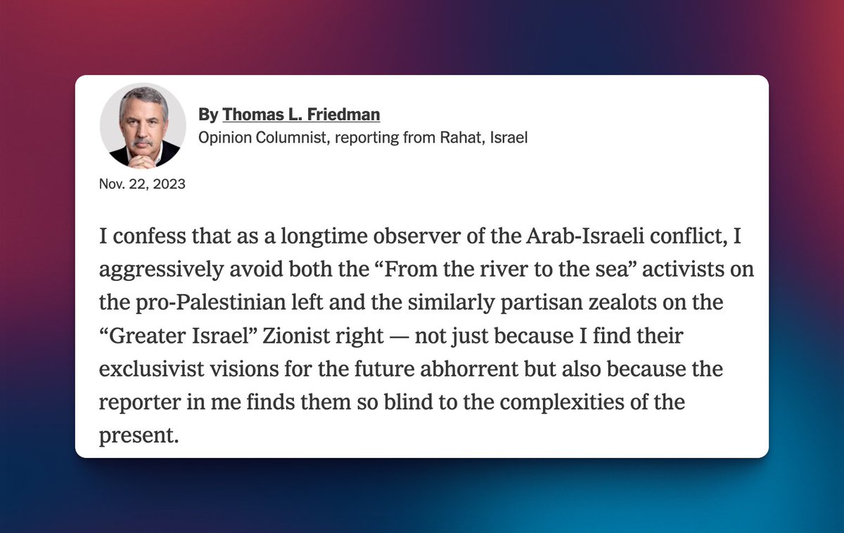 This article by @tomfriedman is brilliant in the way it explores the complex tapestry of history & interconnectedness of Israeli Jews and Israeli Arabs, as well as Palestinians. Well worth reading - anyone that thinks this conflict is simple is mistaken. nytimes.com/2023/11/22/opi…